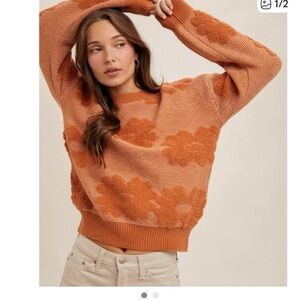 Hem & Thread Floral Knit Sweater in Orange